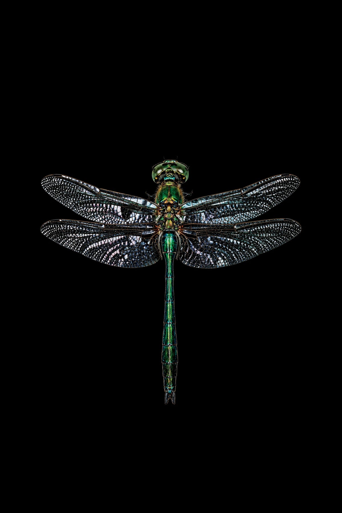 Scientific illustration of the Brilliant Emerald dragonfly (Somatochlora metallica)